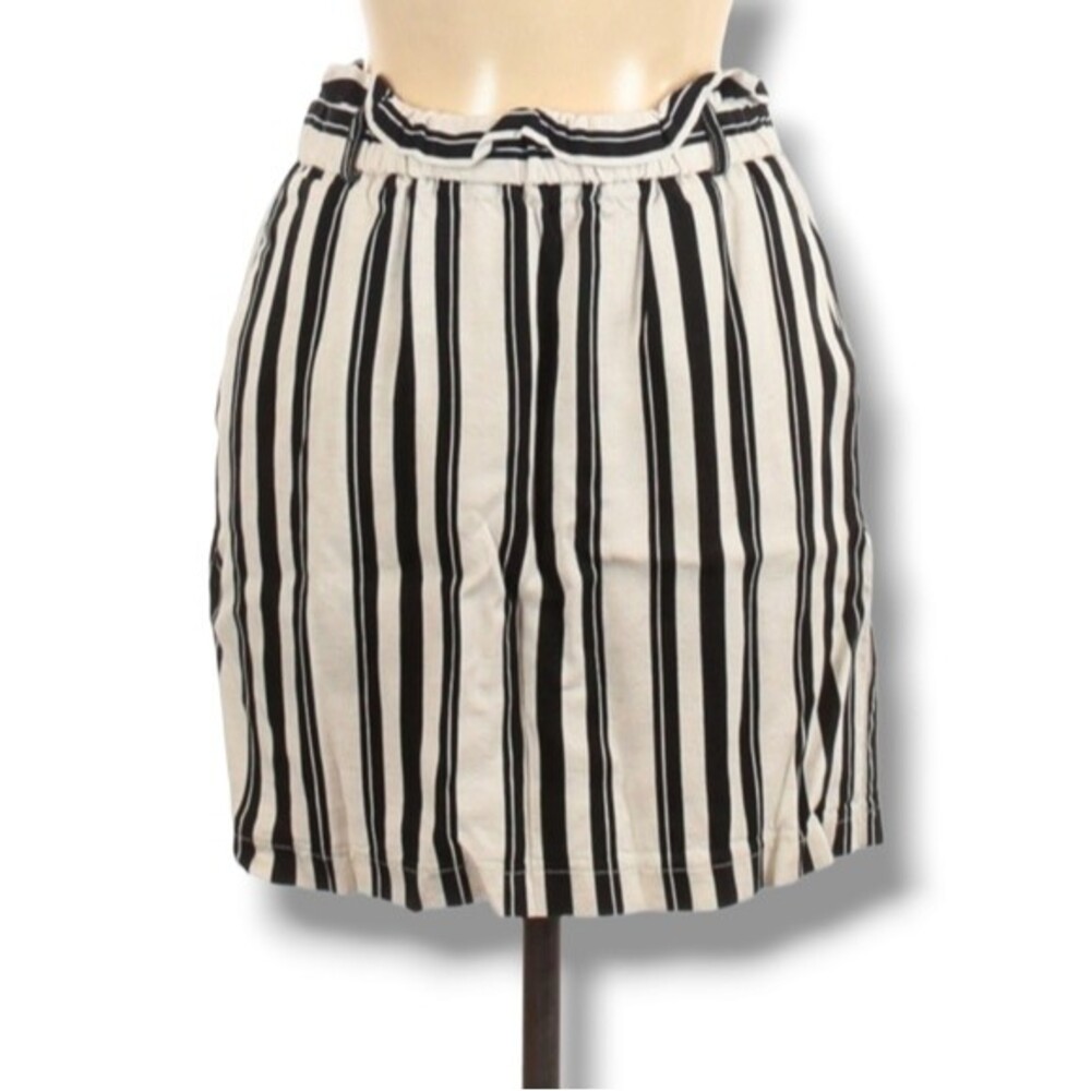 Topshop Linen Blend Skirt Size 8 Black White Striped Paper Bag‎ Elastic Waist